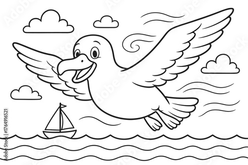Albatross Coloring Page. Albatross soaring children?s coloring book illustration, outlined drawing, a large happy albatross gliding over the sea with a boat