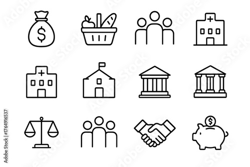 Welfare Distribution Icons. Welfare distribution. Line icon set of welfare distribution: money bag, food basket, family, hospital, school, government building,