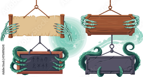 Fantasy illustration of hanging wooden signs held by monster claws, featuring mysterious words mysteries, secrets, prophecies, truths, spooky gothic artwork