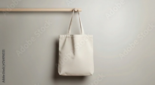 high quality, detailed, studio shot, minimalist design, white leather tote bag, hanging on wooden dowel, clean background, natural lighting, soft shadows, textured surface, elegant, sophisticated