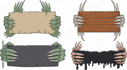 Fantasy illustration of hanging wooden signs held by monster claws, featuring mysterious words mysteries, secrets, prophecies, truths, spooky gothic artwork