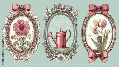 섬세한 레이스와 리본으로 장식된 빈티지 스타일의 타원형 프레임 속에 만개한 장미, 튤립, 수선화와 함께 정원의 평온함을 상징하는 물뿌리개 일러스트가 조화롭게 담겨 고풍스러우면서도 우아한 감성을 선사하는 매력적인 벡터 아트워크입니다.