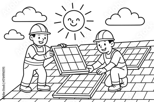 Solar Panel Coloring. Solar panel installations children?s coloring book illustration, outlined drawing, smiling workers placing solar panels on a sunny