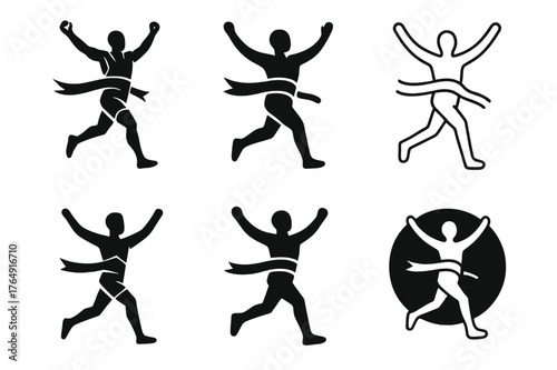 Marathon Victory Logos. A runner crossing the finish line of a marathon, celebrating victory. Set Logo of A runner crossing the finish line of a marathon,
