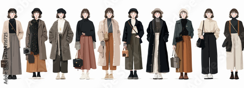 가을 겨울 시즌을 위한 다채로운 스타일의 여성 패션 일러스트레이션으로, 따뜻하고 세련된 의상 조합을 제안합니다.