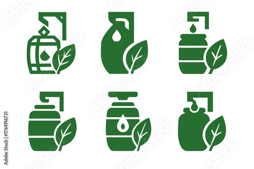 Sustainable Urban Logo Variations. Urban sustainability. Set Logo of Urban sustainability: rainwater harvesting barrel connected to downspout leaf. Icon set.