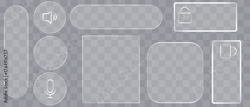 Minimalist abstract UI composition with frosted glass elements, rounded rectangles, circles, and subtle reflections on grey background
