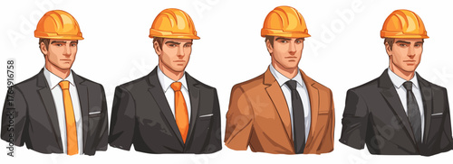 다양한 복장을 갖춘 남성 엔지니어와 비즈니스 전문가들이 안전모를 착용하고 건설 및 산업 현장의 전문성과 협력을 상징하며, 미래 지향적인 프로젝트 개발을 위한 리더십과 혁신을 강조하는 벡터 일러스트레이션입니다.