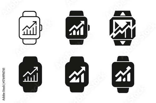 Creative Sports Logos. Sports performance tracking. Set Logo of Sports performance tracking: smartwatch face with rising chart. harmonious logo variations of