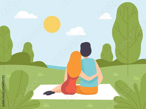 Man and Woman Couple at Nature Enjoy Outdoor Activity Vector Illustration