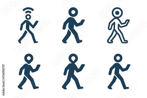 City Navigation Logos. A person navigating a city street with a map or GPS on their phone. Set Logo of walking navigator figure: harmonious logo variations of