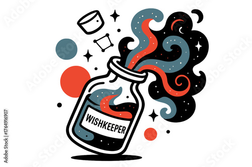 Starry Mist Bottle. Nebula in a Bottle. A glass vial floats, uncorked?colored mist pours out into starry curls; ?Wishkeeper? glows on a tiny label.