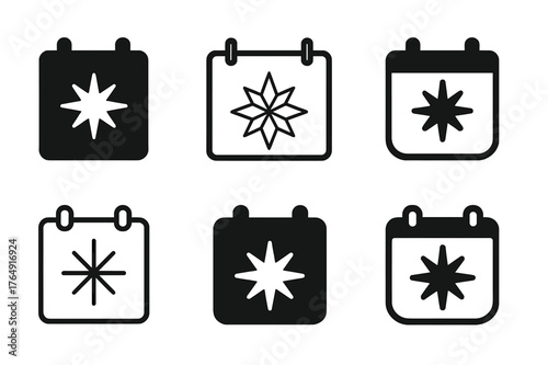 Logo Emblem Variations. New arrivals display. Set Logo of New arrivals display: calendar page with spark indicating launch day. Icon set. harmonious logo