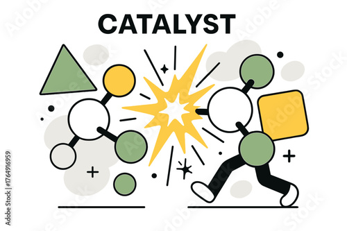 Dynamic Molecular Transformation. Catalyst. Molecules colliding with floating abstract geometric shapes and energy sparks, vibrant and scientific