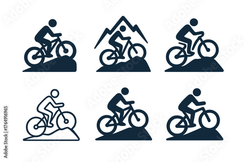 Mountain Biking Logos. Mountain biking. Set Logo of Mountain biking: cyclist climbing hill trail. harmonious logo variations of the same emblematic concept,