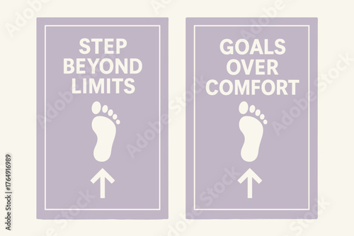 Step Beyond Limits. Step beyond limits. Two vertical A6 banners with safe margins, centered composition, no elements touching edges, minimal, lavender and