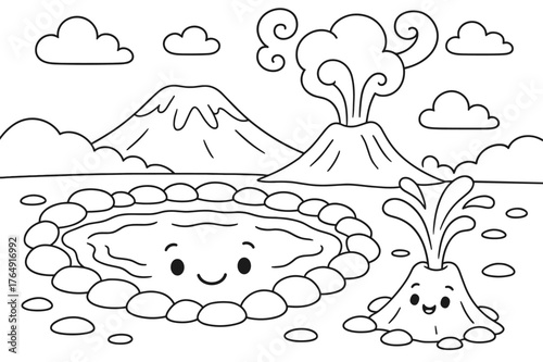 Hot Springs Coloring Fun. Hot springs and geysers children?s coloring book illustration, outlined drawing, a smiling hot spring pool and a tiny geyser beside a