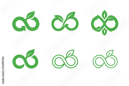 Circular Economy Icons. Green economy. Set Logo of circular economy: infinity loop made of arrows and leaves. Icon set. harmonious logo variations of the same