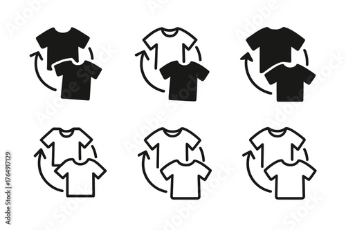 Ethical Fashion Logos. ethical fashion. Set Logo of ethical fashion: clothing swap loop with two T-shirts and arrows. Icon set. harmonious logo variations of