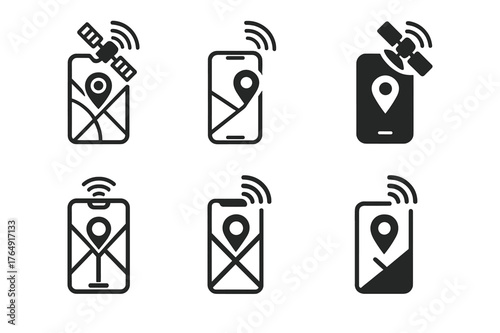 GPS Logo Variations. A person navigating a city street with a map or GPS on their phone. Set Logo of GPS satellite signal to phone: harmonious logo variations