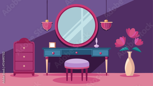 A chic dressing room with a mirrored vanity a velvet ottoman and a glam round mirror.