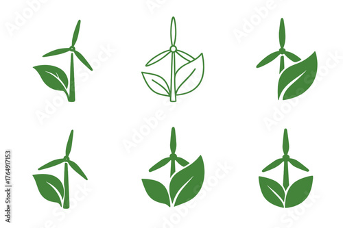 Renewable Energy Logos. Green economy. Set Logo of renewable energy: wind turbine and leaf. Icon set. harmonious logo variations of the same emblematic
