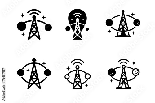 Intergalactic Travel Logos. Intergalactic travel. Set Logo of Intergalactic travel: FTL relay tower linking distant systems. Icon set. harmonious