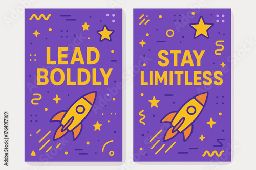 Lead and Stay Limitless. Lead boldly. Two vertical A6 banners with safe margins, centered composition, no elements touching edges, memphis, purple and yellow,