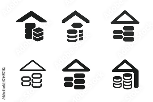 Family Budget Logos. Setting limits on family spending. Set Logo of Setting limits on family spending: stacked coins under roof with budget cap line. Icon set.