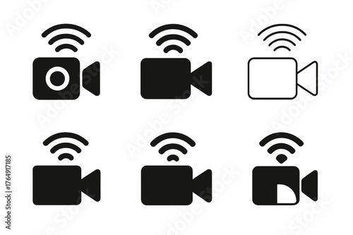 Streaming Logo Variations. Online streaming events and live broadcasts. Set Logo of Online streaming events and live broadcasts: camera with Wi-Fi broadcast