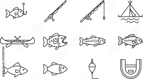 Fishing and Angling Outline Icon Set. Simple Line Art Icons of Different Fish Species, Fishing Rod, Lure, Bobber, Canoe, and Tent. Outdoor Sport and Recreation Vector.