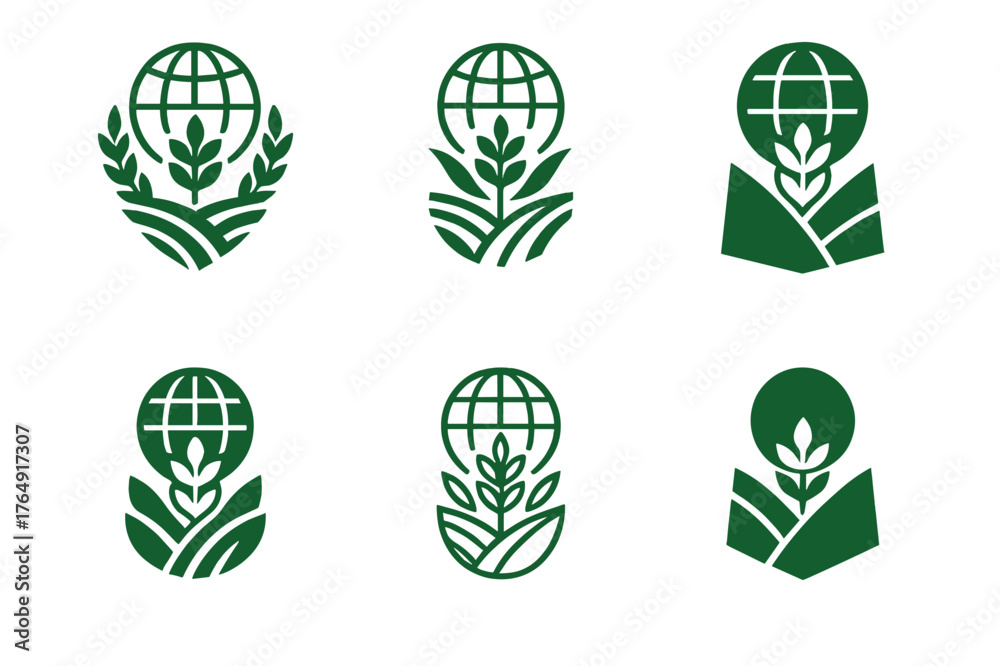 Obraz premium Food Chain Logos. Agricultural innovation and food security. Set Logo of global food chain network: harmonious logo variations of the same emblematic concept,