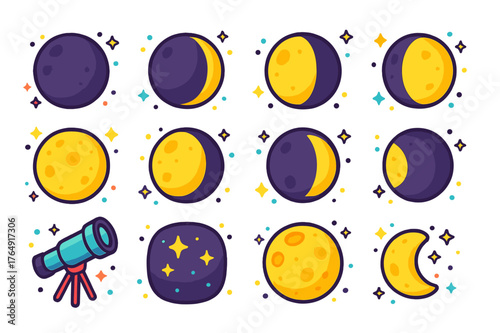 Lunar Phases Icons. Phases observation. Colorful isometric vector icons set of phases observation: new moon, waxing crescent, first quarter, waxing gibbous,