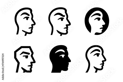 Non-Verbal Logos Grid. Non-verbal cues. Set Logo of Non-verbal cues: Raised eyebrow profile. harmonious logo variations of the same emblematic concept, each