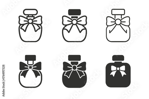 Luxury Makeup Logos. Luxury makeup brands display. Set Logo of Luxury makeup brands display: Perfume flacon with ribbon. harmonious logo variations of the same