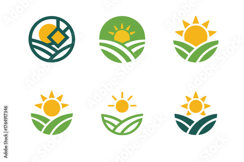 Solar Farm Logos. Agricultural innovation and food security. Set Logo of solar-powered farm: harmonious logo variations of the same emblematic concept, each