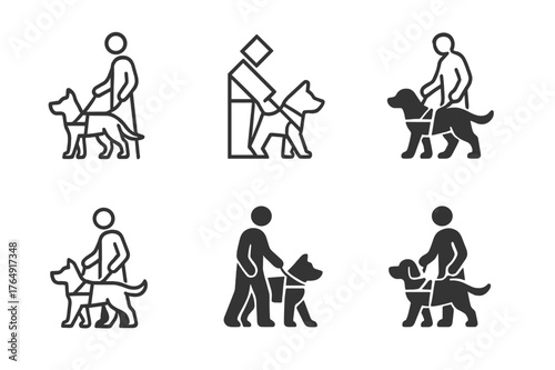 Guide Dogs Logo Variations. Guide dogs and service animals. Set Logo of Guide dogs and service animals: training session with handler. harmonious