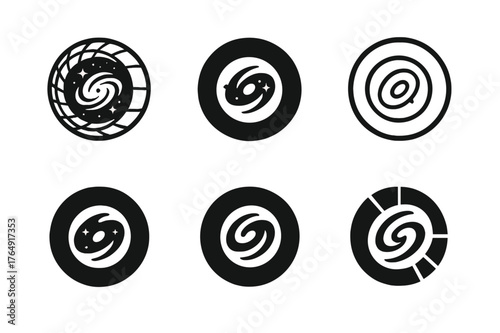 Intergalactic Travel Logos. Intergalactic travel. Set Logo of Intergalactic travel: wormhole gateway ring with galaxy core. Icon set. harmonious logo