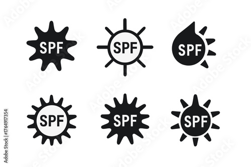 SPF Protection Icons. How the Sun Affects Our Skin. Set Logo of SPF Icon: Filled silhouette, Minimal outline, Abstract geometric, Negative space, Stylized