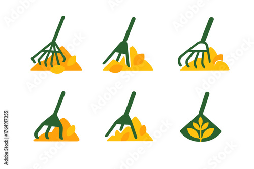 Leaf Logo Variations. Raking leaves. Set Logo of leaf pile mound: harmonious logo variations of the same emblematic concept, each with different artistic