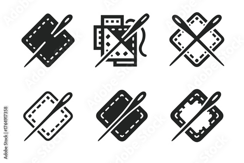 Ethical Fashion Logos. ethical fashion. Set Logo of ethical fashion: repair kit with patch and crossed needle. Icon set. harmonious logo variations of the same