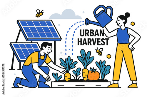 Urban Garden Harmony. Rooftop Garden + Panels. Vegetables sprout beside elevated PV frames; watering can pours a dotted arc labeled ?Urban Harvest.? Bees buzz