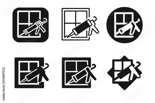 Caulking Logo Designs. Sealing windows to prevent drafts. Set Logo of caulking: caulking gun along window frame. Icon set. harmonious logo variations of the