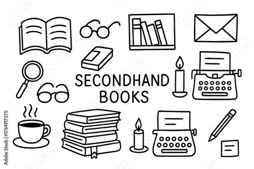 Secondhand Books Doodles. Secondhand books. Hand-drawn doodle illustration secondhand books open book, stack of novels, magnifying glass, glasses, bookmark,