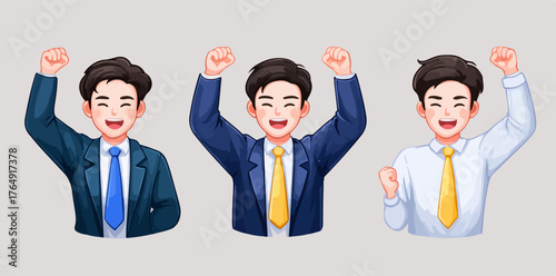 밝은 미소를 지으며 성공적인 비즈니스 목표 달성에 대한 기쁨과 자신감을 활기차게 표현하는 세 명의 젊은 비즈니스맨 캐릭터 벡터 일러스트레이션으로, 긍정적인 에너지를 전달합니다.