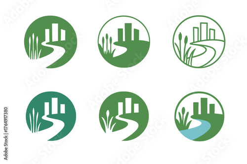 Riverfront Restoration Logos. Landscape architecture for urban regeneration. Set Logo of Landscape architecture for urban regeneration: Riverfront wetland