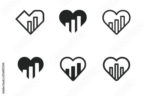 Impact Metrics Logos. Social impact of businesses. Set Logo of impact metrics with heart graph: harmonious logo variations of the same emblematic concept, each