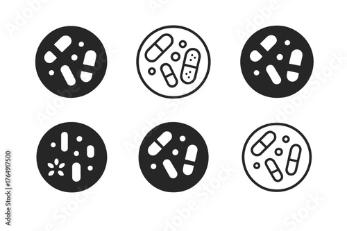 Microbiome Emblem Variations. Food digestion in the body. Set Logo of microbiome: circular bacteria pattern. Icon set. harmonious logo variations of the same