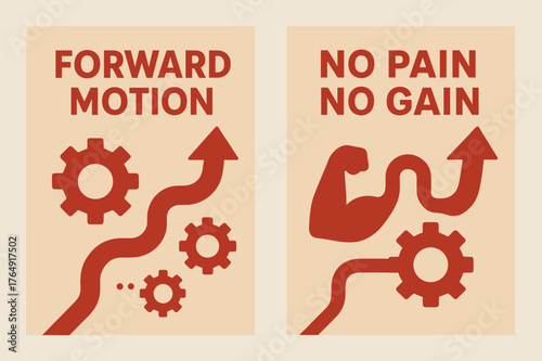 Forward Motion Banners. Forward motion. Two vertical A6 banners with safe margins, centered composition, no elements touching edges, flat vector design, red