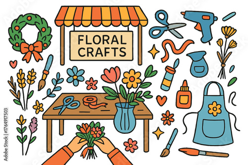 Floral Crafts Booth. Floral crafts booth. Colorful Hand-drawn doodle Children illustration Floral crafts booth wreath, scissors, ribbon, glue gun, dried